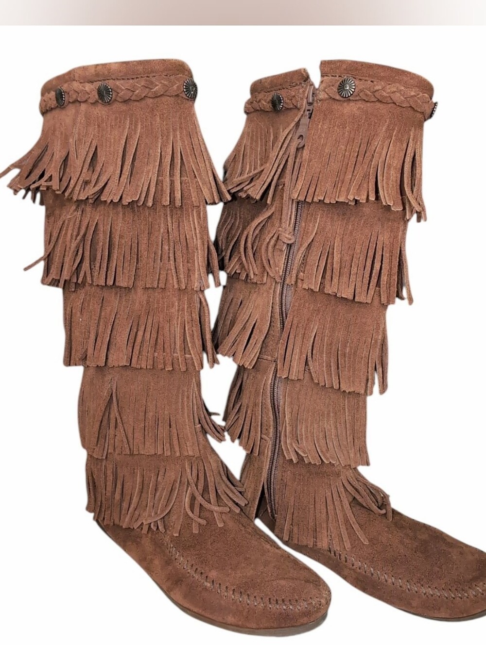 Minnetonka 1652 Fringe High Boots Sz 7 Moccasin Metal Concho Zip Brown Suede